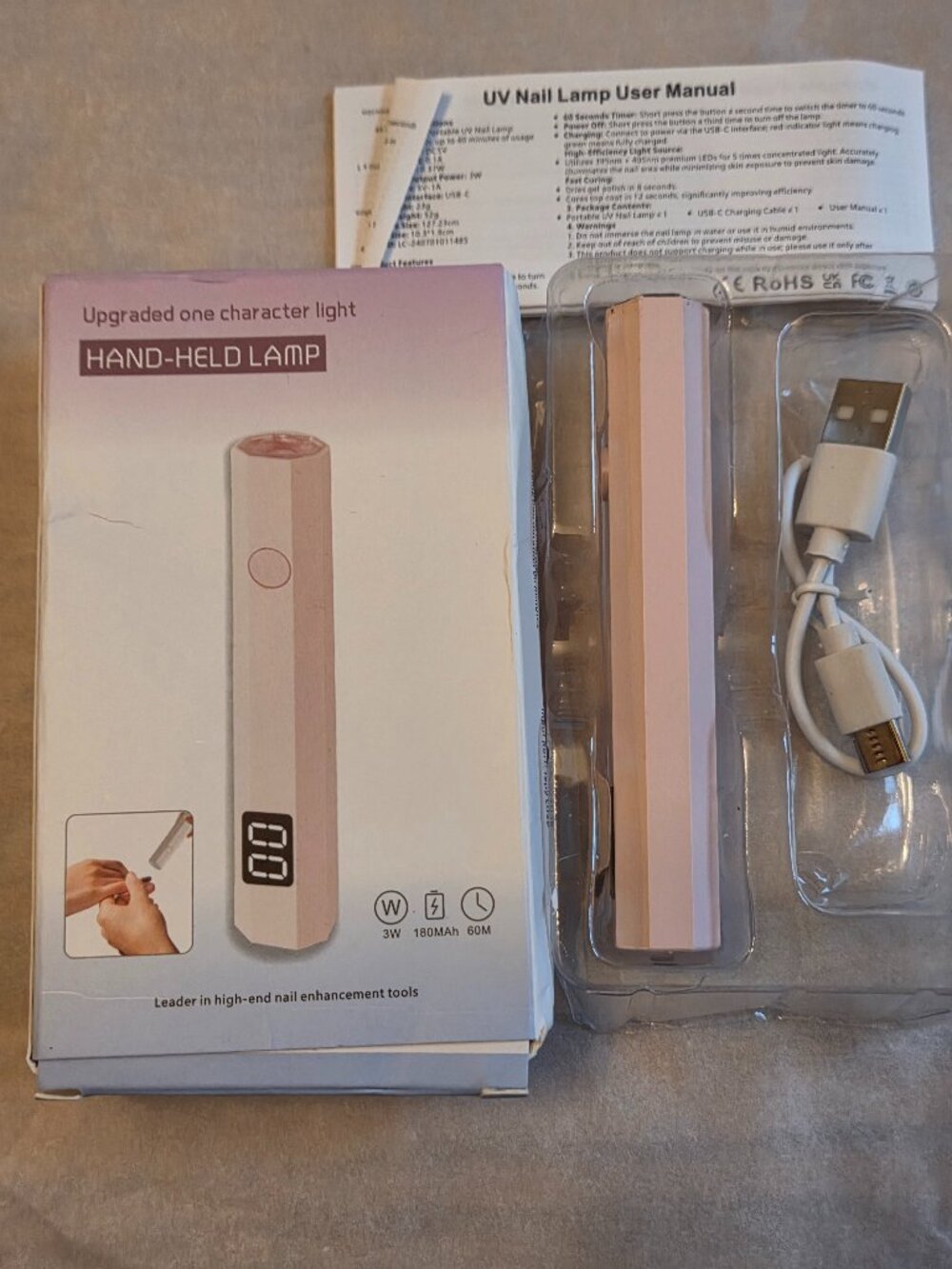 Cordless Handheld UV Nail Pen Shape Lamp Pink Fast Curing 3 Watt USB 4"L - NEW